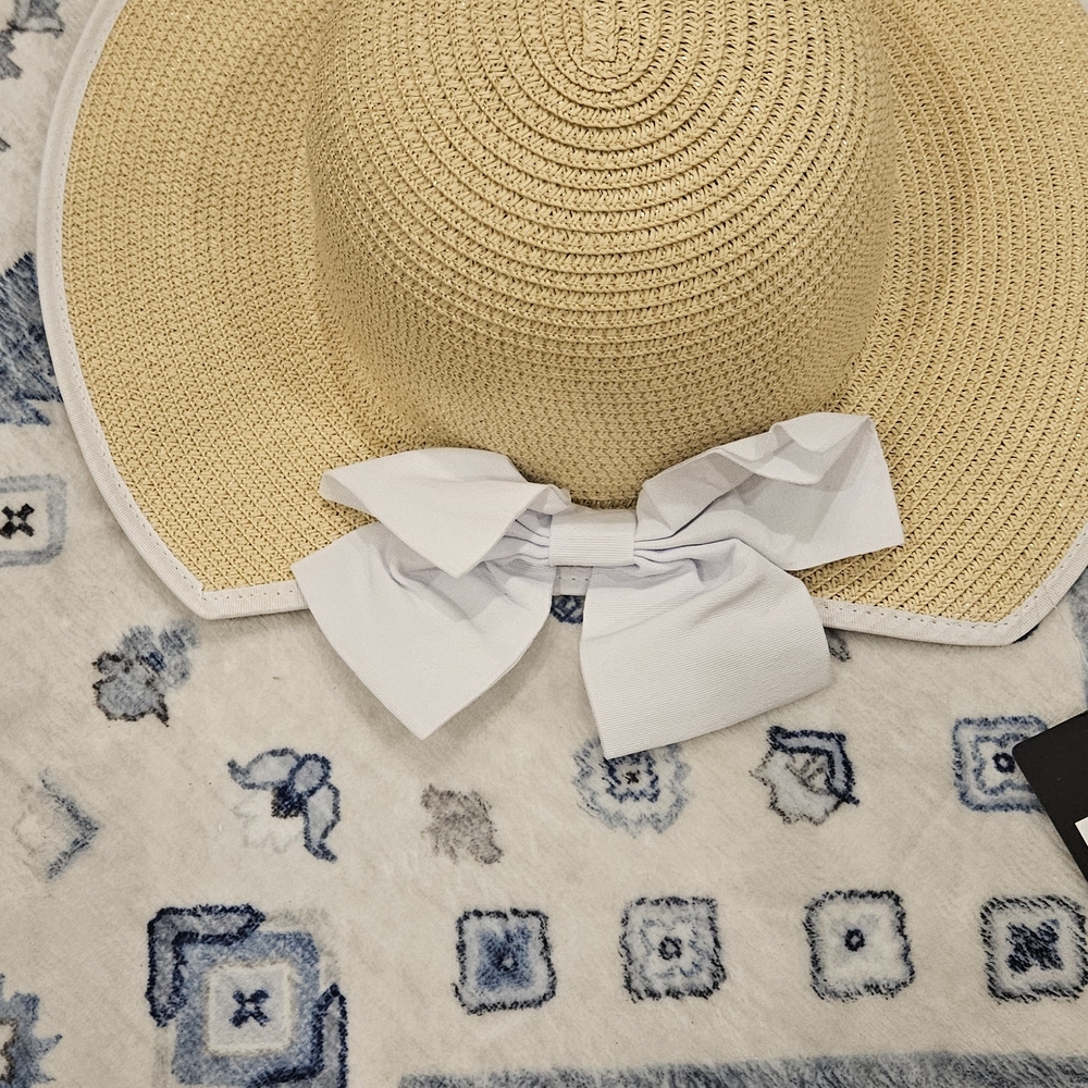 Ellen Tracy Tan Straw Sun Hat with White Bow